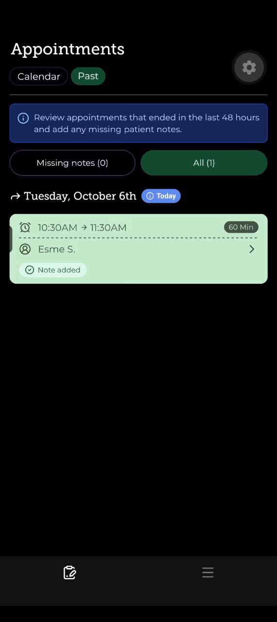 Past tab showing Missing notes and All filters and a recently ended appointment labeled Note added