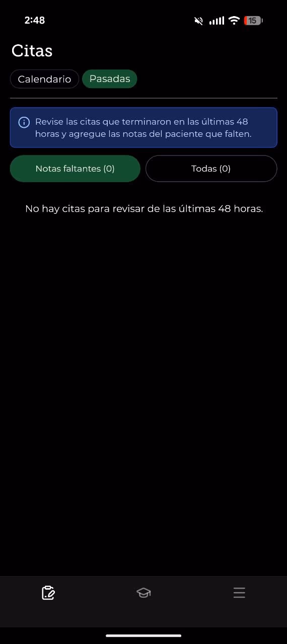 Pestaña Pasadas con los filtros Notas faltantes y Todas y un mensaje sobre las citas de las últimas 48 horas