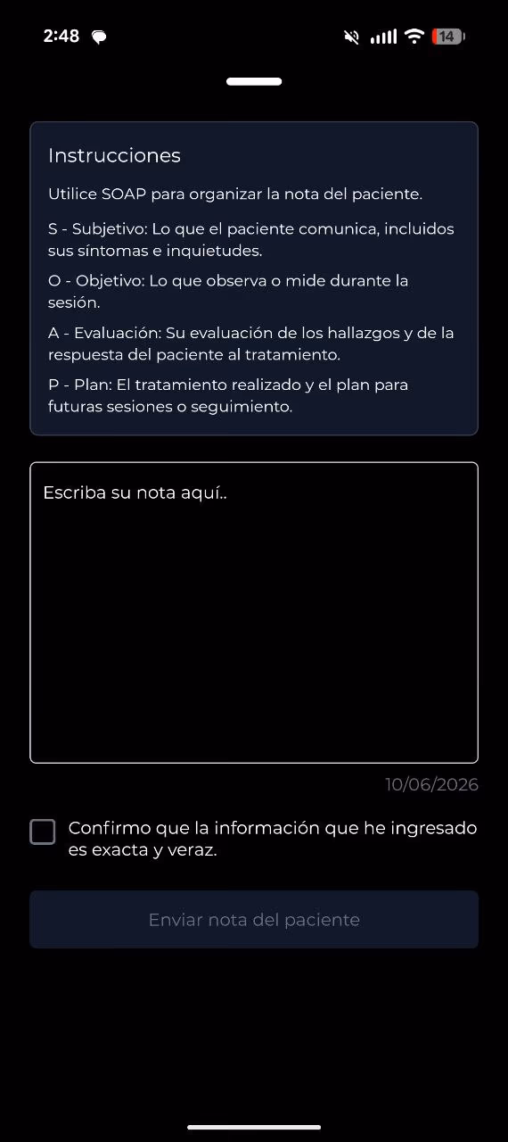 Formulario de nota del paciente con instrucciones SOAP, campo de nota, casilla de confirmación y botón Enviar nota del paciente